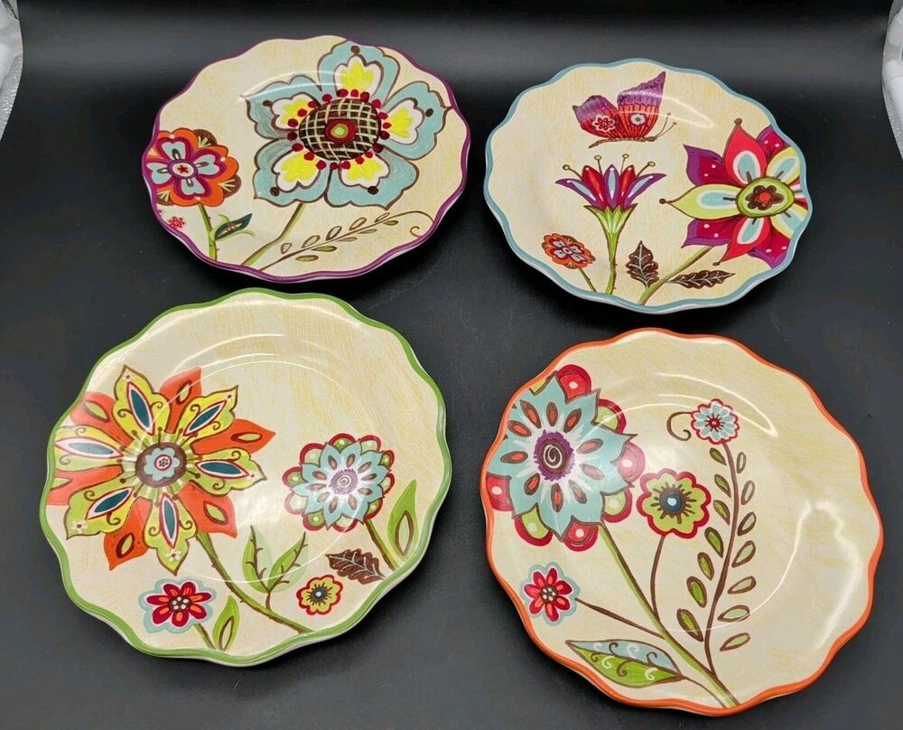 Cracker Barrel Floral Stitch Work Salad Plates Set Of 4 Scalloped Lori Siebert
